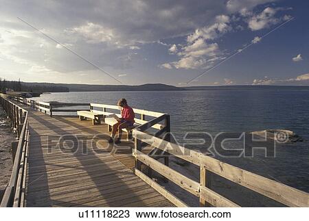Yellowstone National Park, WY, Wyoming, Woman sitting on the boardwalk and reading next to Fishing Cone on Yellowstone Lake at West Thumb Geyser Basin in Yellowstone Nat'l Park in Wyoming. View Large Photo Image Stock Image - Yellowstone National Park, WY, Wyoming, Woman sitting on the boardwalk and reading next to Fishing Cone on Yellowstone Lake at West Thumb Geyser Basin in Yellowstone Nat'l Park in Wyoming.. Fotosearch