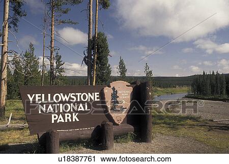 Stock Image -  Yellowstone National Park, WY, Wyoming, South Entrance sign to Yellowstone Nat'l Park in Wyoming.. Fotosearch