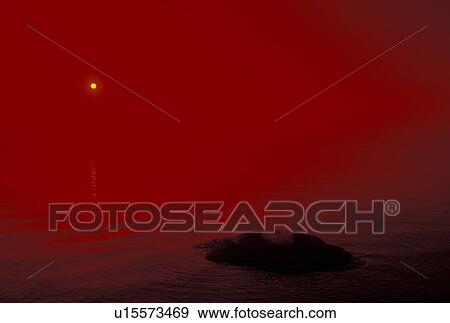 Stock Photo -  Yellowstone National Park, WY, Wyoming, Fishing Cone on Yellowstone Lake with red sun at sunrise at West Thumb Geyser Basin in Yellowstone Nat'l Park in Wyoming.. Fotosearch