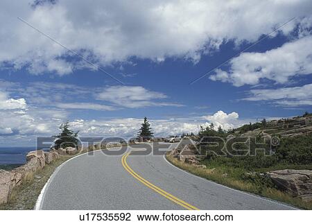 Stock Image -  Acadia National Park, Maine, ME, Mount Desert Island, Cadillac Mt Scenic Cadillac Mountain Road in Acadia Nat'l Park on the Atlantic Ocean. . Fotosearch