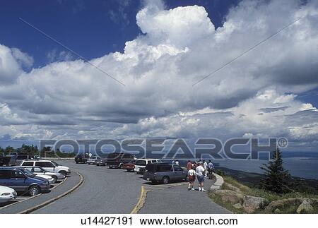 Acadia National Park, ME, Maine, Mount Desert Island, Cadillac Mt Parking lot on the summit of Cadillac Mountain Road in Acadia Nat'l Park on the Atlantic Ocean. View Large Photo Image Stock Image - Acadia National Park, ME, Maine, Mount Desert Island, Cadillac Mt Parking lot on the summit of Cadillac Mountain Road in Acadia Nat'l Park on the Atlantic Ocean. . Fotosearch