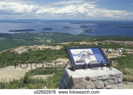 Stock Photograph -  Acadia National Park, ME, Maine, Mount Desert Island, Cadillac Mt Aerial view of Bar Harbor and Frenchman Bay from Cadillac Mountain in Acadia Nat'l Park on the Atlantic Ocean.. Fotosearch