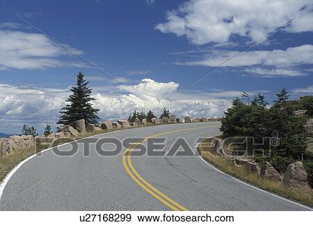 Stock Photo -  Acadia National Park, ME, Mount Desert Island, Maine, Cadillac Mt Scenic Cadillac Mountain Road in Acadia Nat'l Park on the Atlantic Ocean. . Fotosearch