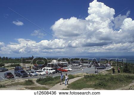 Stock Photograph -  Acadia National Park, Mount Desert Island, ME, Maine, Cadillac Mt Parking lot on the summit of Cadillac Mountain Road in Acadia Nat'l Park on the Atlantic Ocean. . Fotosearch