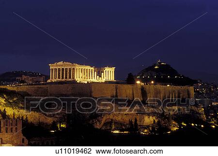 Acropolis, Athens, Greece, Europe, View of the Acropolis and the Parthenon from Filopappos Hill in the evening. View Large Photo Image Stock Image - Acropolis, Athens, Greece, Europe, View of the Acropolis and the Parthenon from Filopappos Hill in the evening.. Fotosearch