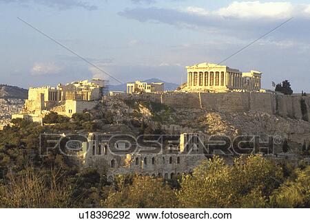 Stock Image -  Acropolis, Athens, Greece, Europe, View of the Acropolis from Filopappos Hill at sunset.. Fotosearch
