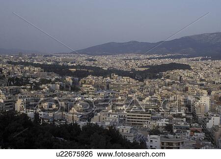 Stock Photograph -  aerial, Athens, Greece, Europe, Aerial view of the city of Athens.. Fotosearch
