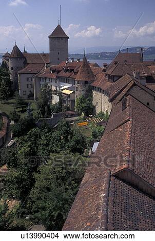 Picture -  aerial, Fribourg, Switzerland, Aerial view of the rooftops of the medieval ramparts surrounding the town of Murten/Morat.. Fotosearch