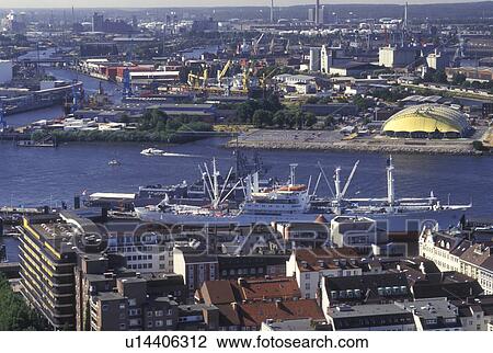 aerial, Hamburg, Germany, Elbe River, North Sea, Europe, Aerial view of Port of Hamburg and St. Pauli's Harbor along the Elbe River. View Large Photo Image Stock Image - aerial, Hamburg, Germany, Elbe River, North Sea, Europe, Aerial view of Port of Hamburg and St. Pauli's Harbor along the Elbe River.. Fotosearch