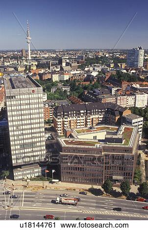 Stock Image -  aerial, Hamburg, Germany, Europe, Aerial view of the city of Hamburg.. Fotosearch