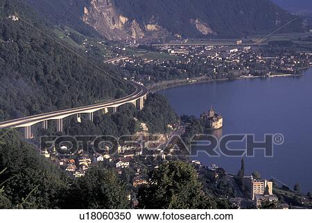 aerial, Montreux, Switzerland, Alps, Lake Geneva, Vaud, Scenic aerial view of the Alps, the Chateau de Chillon and Montreux along Lac Leman in the Canton of Vaud. View Large Photo Image Stock Image - aerial, Montreux, Switzerland, Alps, Lake Geneva, Vaud, Scenic aerial view of the Alps, the Chateau de Chillon and Montreux along Lac Leman in the Canton of Vaud. . Fotosearch
