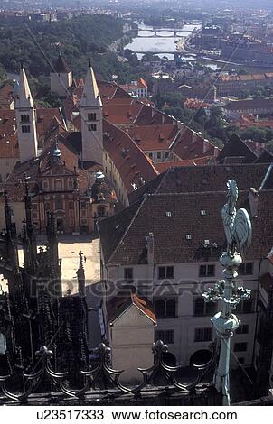 Stock Image -  aerial, Prague, Czech Republic, Praha, Vltava River, Central Bohemia, Europe, Aerial view of the city of Prague from Prague Castle.. Fotosearch
