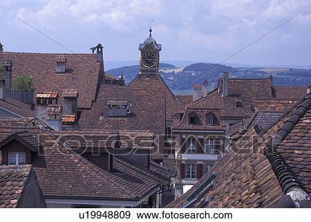 aerial, Switzerland, Fribourg, Aerial view of the rooftops of the town of Murten/Morat. View Large Photo Image Stock Photo - aerial, Switzerland, Fribourg, Aerial view of the rooftops of the town of Murten/Morat.. Fotosearch