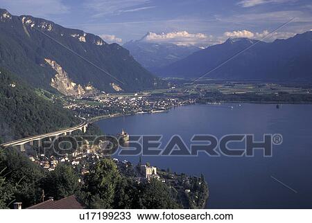 aerial, Switzerland, Vaud, Montreux, Alps, Lake Geneva, Scenic aerial view of the Alps, the Chateau de Chillon and Montreux along Lac Leman in the Canton of Vaud. View Large Photo Image Stock Image - aerial, Switzerland, Vaud, Montreux, Alps, Lake Geneva, Scenic aerial view of the Alps, the Chateau de Chillon and Montreux along Lac Leman in the Canton of Vaud. . Fotosearch