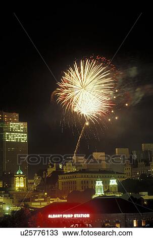 Stock Image -  Albany, NY, New York, Fireworks on Independence Day over the capital city of Albany.. Fotosearch