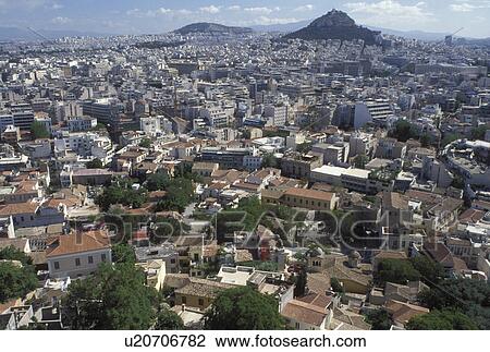 Athens, aerial, Plaka, Greece, Europe, Aerial view of the Plaka and the city of Athens and Lykavittos Hill, highest point, from the Acropolis. View Large Photo Image Stock Image - Athens, aerial, Plaka, Greece, Europe, Aerial view of the Plaka and the city of Athens and Lykavittos Hill, highest point, from the Acropolis.. Fotosearch