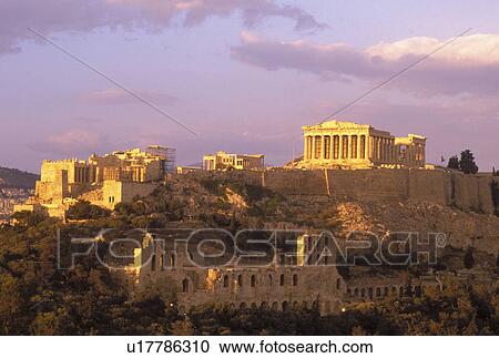 Athens, Greece, Europe, View of the Acropolis from Filopappos Hill at sunset. View Large Photo Image Stock Image - Athens, Greece, Europe, View of the Acropolis from Filopappos Hill at sunset.. Fotosearch