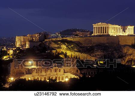 Athens, Greece, Europe, View of the Acropolis and the Parthenon from Filopappos Hill in the evening. View Large Photo Image Stock Image - Athens, Greece, Europe, View of the Acropolis and the Parthenon from Filopappos Hill in the evening.. Fotosearch