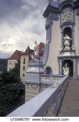 Stock Image -  Austria, church, Durnstein, The Danube Valley, Wachau, The Parish Church. Fotosearch