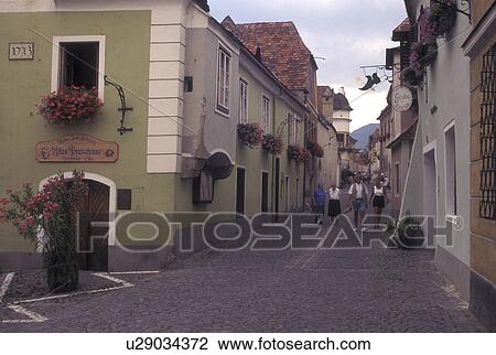Austria, Durnstein, The Danube Valley, Wachau, Narrow cobblestone pedestrian street in the village of Durnstein View Large Photo Image Stock Image - Austria, Durnstein, The Danube Valley, Wachau, Narrow cobblestone pedestrian street in the village of Durnstein. Fotosearch