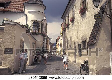 Stock Photography -  Austria, Durnstein, The Danube Valley, Wachau, Narrow cobblestone pedestrian street in the village of Durnstein. Fotosearch
