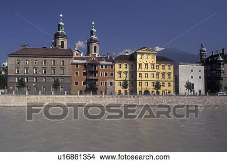 Austria, Innsbruck, Tirol, St. Jacob's Cathedral and buildings along the Inn River in the city of Innsbruck. View Large Photo Image Picture - Austria, Innsbruck, Tirol, St. Jacob's Cathedral and buildings along the Inn River in the city of Innsbruck.. Fotosearch