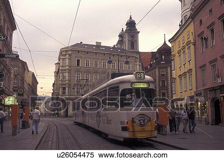 Stock Photography -  Austria, Linz, The Danube Valley, Oberosterreich, Tram line in downtown Linz.. Fotosearch