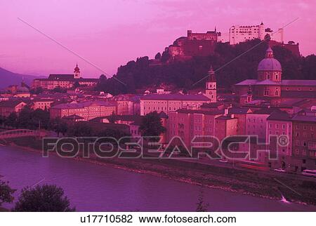 Stock Image -  Austria, Salzburg, Salzach River, View of the city of Salzburg and the River Salzach.. Fotosearch