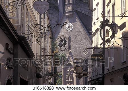 Austria, Salzburg, Wrought-iron shop signs in Getreidegasse in downtown Salzburg View Large Photo Image Stock Photo - Austria, Salzburg, Wrought-iron shop signs in Getreidegasse in downtown Salzburg . Fotosearch