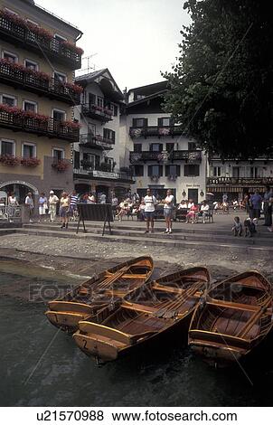 Austria, St. Wolfgang, Salzkammergut, Oberosterreich, Wolfgangsee, Rowboats along the lakeside town of Saint Wolfgang. View Large Photo Image Stock Photo - Austria, St. Wolfgang, Salzkammergut, Oberosterreich, Wolfgangsee, Rowboats along the lakeside town of Saint Wolfgang. . Fotosearch