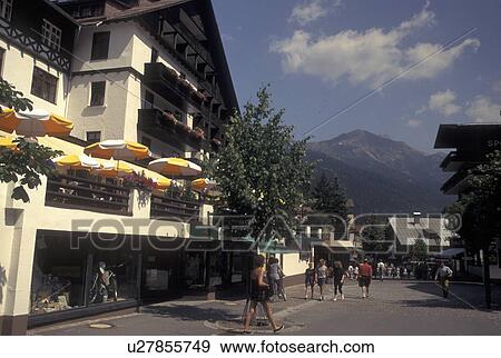 Stock Photo -  Austria, Tirol, Vorarlberg, St. Anton am Arlberg, Arlberg Region, Scenic alpine resort village of St. Anton am Arlberg in the Austrian Alps.. Fotosearch