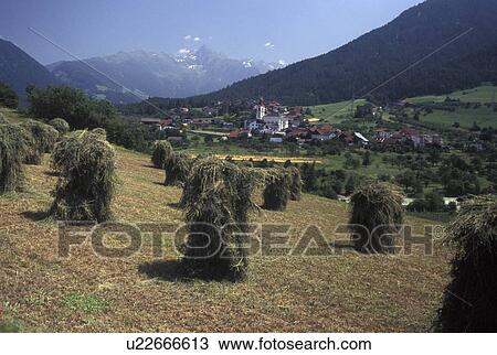 Stock Image -  Austria, Tirol, Zamas, Hay stacks in a field with a picturesque view of the scenic village of Zamas and the Austrian Alps.. Fotosearch
