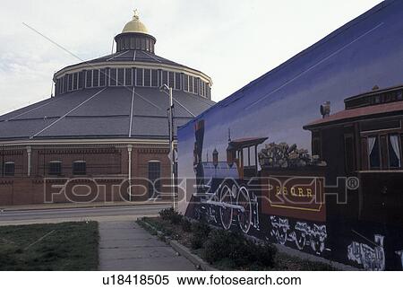 Stock Photography -  Baltimore, MD, Maryland, Wall mural of an antique train displayed at the B&O Railroad Museum in Baltimore.. Fotosearch
