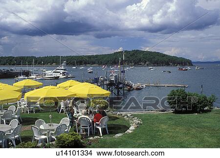 Bar Harbor, ME, Maine, Mount Desert Island, Scenic view of Frenchman Bay from Bar Harbor Inn outdoor restaurant in Bar Harbor on the Atlantic Ocean. View Large Photo Image Picture - Bar Harbor, ME, Maine, Mount Desert Island, Scenic view of Frenchman Bay from Bar Harbor Inn outdoor restaurant in Bar Harbor on the Atlantic Ocean.. Fotosearch