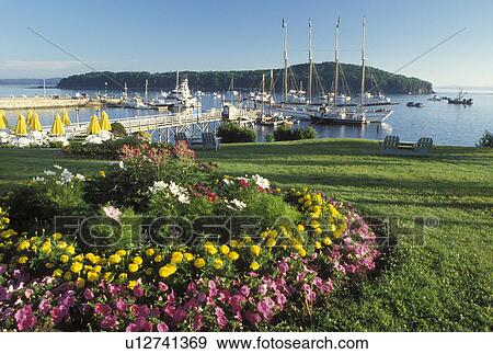 Stock Photo -  Bar Harbor, ME, Maine, Mount Desert Island, Scenic view of Frenchman Bay from Bar Harbor Inn in Bar Harbor on the Atlantic Ocean.. Fotosearch