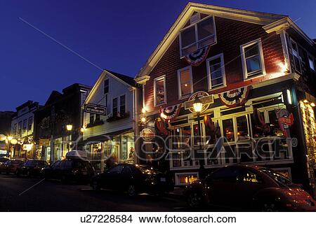 Bar Harbor, ME, Mount Desert Island, Maine, Seafood restaurants along the street in downtown Bar Harbor in the evening. View Large Photo Image Picture - Bar Harbor, ME, Mount Desert Island, Maine, Seafood restaurants along the street in downtown Bar Harbor in the evening.. Fotosearch