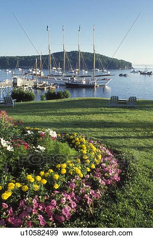 Stock Photo -  Bar Harbor, ME, Mount Desert Island, Maine, Scenic view of Frenchman Bay from Bar Harbor Inn in Bar Harbor on the Atlantic Ocean.. Fotosearch