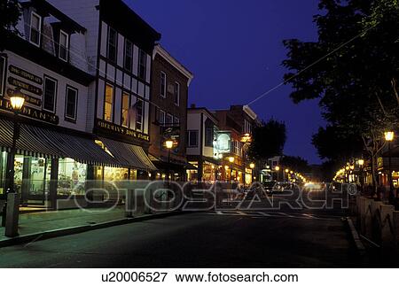 Stock Photo -  Bar Harbor, ME, Mount Desert Island, Maine, Downtown Bar Harbor in the evening.. Fotosearch