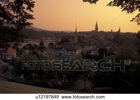 Berne, Switzerland, Bern, Scenic view of the city of Berne's Old Town at sunset. View Large Photo Image Stock Photo - Berne, Switzerland, Bern, Scenic view of the city of Berne's Old Town at sunset.. Fotosearch