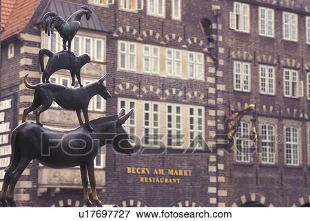 Bremen, Germany, Europe, The Bremen Town Musician statue Am Markt in downtown Bremen. View Large Photo Image Stock Photo - Bremen, Germany, Europe, The Bremen Town Musician statue Am Markt in downtown Bremen.. Fotosearch