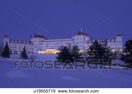 Bretton Woods, hotel, NH, New Hampshire, Historic Mount Washington Hotel & Resort in the evening in the winter in Bretton Woods. View Large Photo Image Stock Photo - Bretton Woods, hotel, NH, New Hampshire, Historic Mount Washington Hotel & Resort in the evening in the winter in Bretton Woods.. Fotosearch