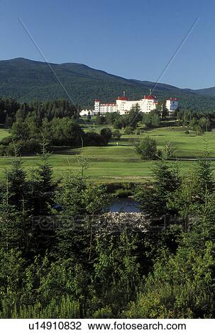 Stock Image -  Bretton Woods, NH, hotel, New Hampshire, Scenic view of Historic Mount Washington Hotel & Resort in the White Mountain National Forest.. Fotosearch