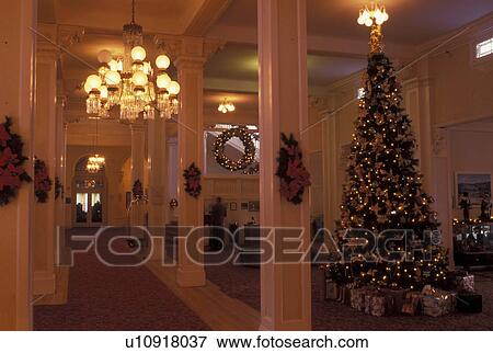 Stock Photo -  Bretton Woods, NH, hotel, New Hampshire, Main Lobby of Historic Mount Washington Hotel & Resort decorated for the Christmas Holiday.. Fotosearch