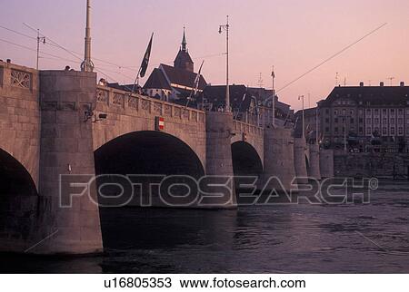 Stock Image -  bridge, Basel, Switzerland, Basle, Mittlere Rheinbrucke bridge crosses the Rhine River in Basel-Stadt.. Fotosearch