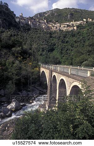 Picture -  bridge, France, Saorge, Alpes, Alpes-Maritimes, Europe, Bridge crossing the Roya River in Saorge.. Fotosearch