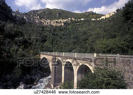 Stock Photograph -  bridge, France, Saorge, Alpes, Alpes-Maritimes, Europe, Bridge crossing the Roya River in Saorge.. Fotosearch