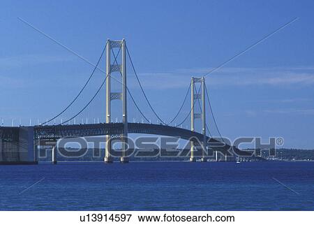 bridge, Mackinaw City, MI, Michigan, Upper Peninsula, View of Mackinac Bridge, a suspension span bridge, crosses the Straits of Mackinaw in Mackinaw City connecting the Lower Peninsula with the Upper Peninsula of Michigan. View Large Photo Image Stock Photo - bridge, Mackinaw City, MI, Michigan, Upper Peninsula, View of Mackinac Bridge, a suspension span bridge, crosses the Straits of Mackinaw in Mackinaw City connecting the Lower Peninsula with the Upper Peninsula of Michigan.. Fotosearch