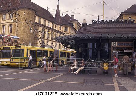 buses, Switzerland, Neuchatel, Bus station in Place Pury in downtown Neuchatel. View Large Photo Image Stock Photography - buses, Switzerland, Neuchatel, Bus station in Place Pury in downtown Neuchatel.. Fotosearch