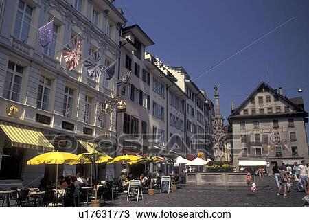 Stock Image -  cafT, Switzerland, Luzern, Lucerne, Europe, Outdoor cafes in downtown Luzern.. Fotosearch