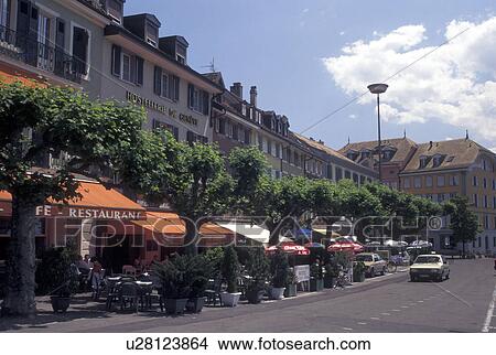 Picture -  cafT, Vevey, Switzerland, Vaud, CafTs along the street in downtown Vevey in the Canton of Vaud. . Fotosearch